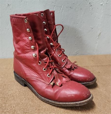 Ladies Vintage Red Leather Lace Up Roper Boots - Sz 8