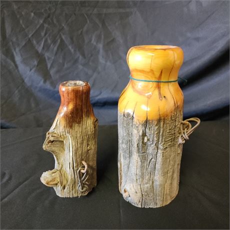 Nice Signed Weathered Wood Candle Holder & Vase Pair - By Dixie Waldie