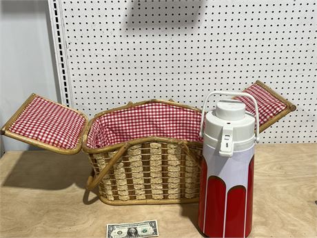 Vintage Picnic Basket and Vintage Hot/Cold Drinking Thermos