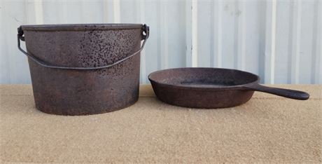 Antique Cast Iron Pot & Skillet