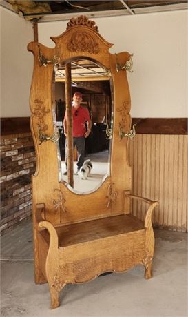 Antique Oak Hall Tree/Bench w/Storage & Beveled Mirror - 22x16x80