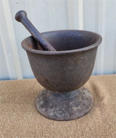 Large Antique Cast Iron Mortar & Pestle