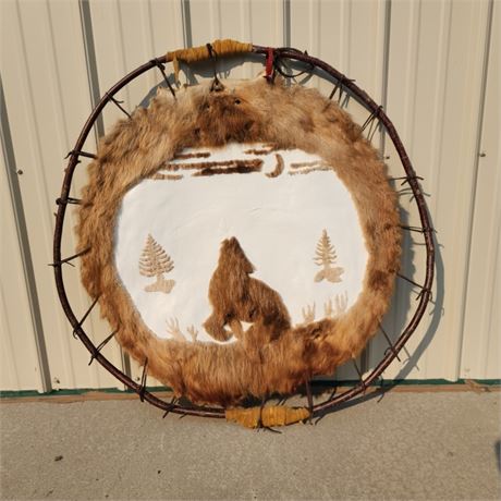 🕸️1978 LargeTanned Hide/Fur Dream Catcher by Frank W. Sheets - 36" Diameter