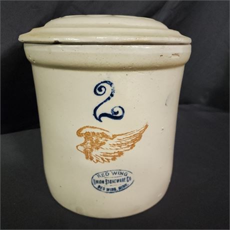 Antique 2 Gallon Redwing Crock w/ Lid