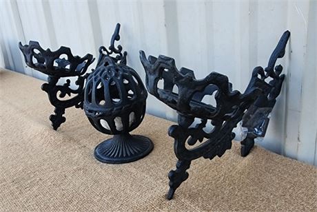 Antique Cast Iron Oil Lamp Wall Sconce Pair & Incense Burner