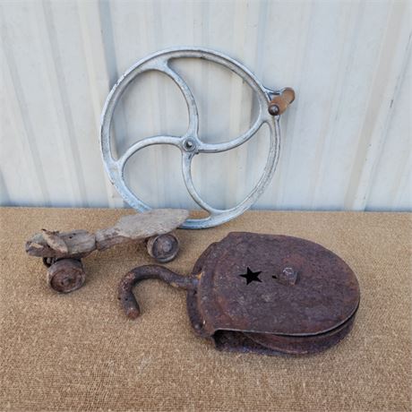 Antique WOOD Roller Skate and Pulleys