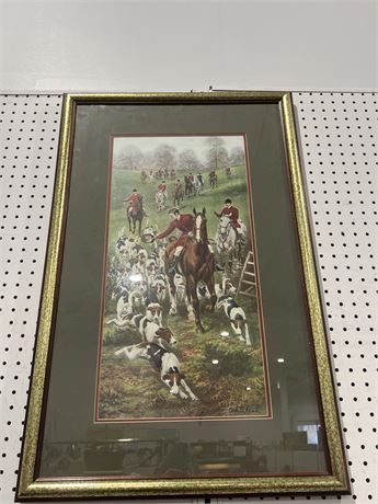 Framed and Matted Fox Hunt Scene with Horses and Dogs Print Signed by Whithead