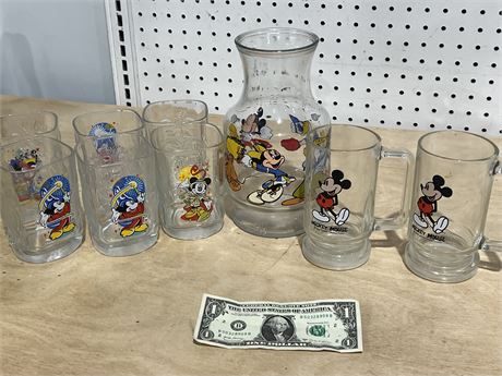 Set of Vintage Mickey Mouse Glasses, Mugs, and Pitcher