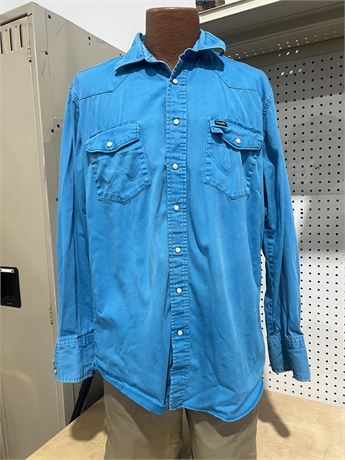 Men’s L Vintage Wrangler Pearl Snap Turquoise Long Sleeve Western Shirt