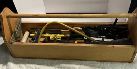 Vintage Wooden Tool Box With A Variety of Tools