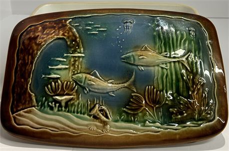 Beautiful ceramic bread dish with a fish mural painted on the lid