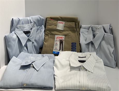 Four nice buttons up shirts sizes are 16.5-33/35. 1 pair of Colman pants 38x30