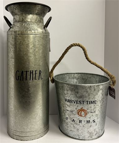 Lg Galvanized Milk Jug 24” Tall And A HARVEST TIME FARMS Orchard Bucket.