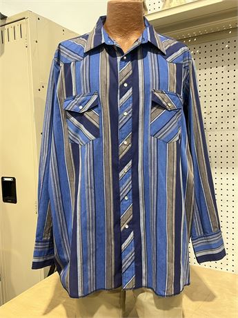 Men’s Size 2X Tall Wrangler Blue Striped Pearl Snap Western Long Sleeve Shirt