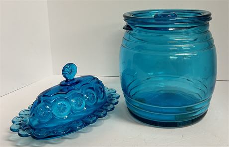 Beautiful blue glass butter container And blue glass storage container