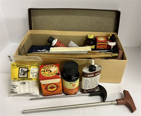 A variety of gun cleaning supplies