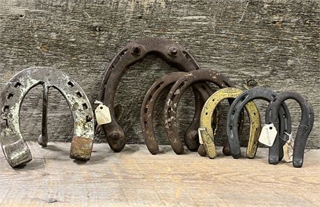 Horseshoe Picture Stand & Assorted Vintage Horseshoes