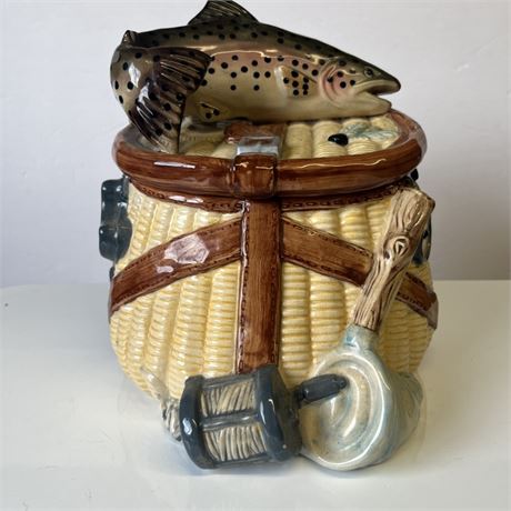 Ceramic Fishing Creel/Rainbow Trout Cookie Jar - Cool!