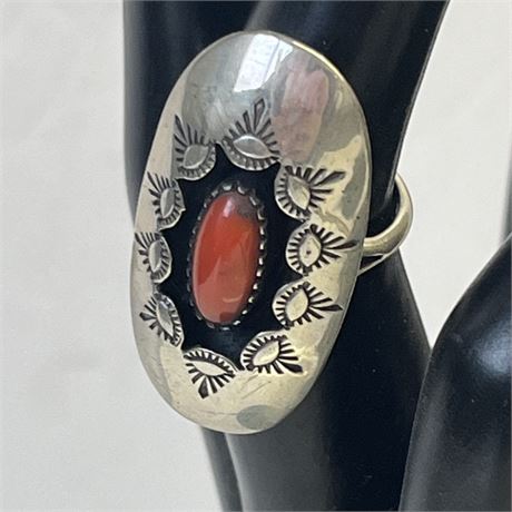 Sterling & Coral Ring - Sz 7