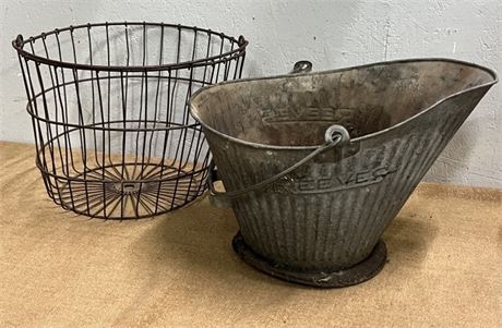 Antique Coal Bucket & Basket Pair