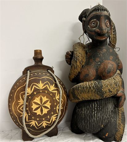 A unique wooden statue and Vintage Wooden Flask with Carving design