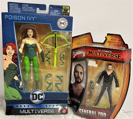 Two DC comic figurines one is General Zod. The other is poison ivy