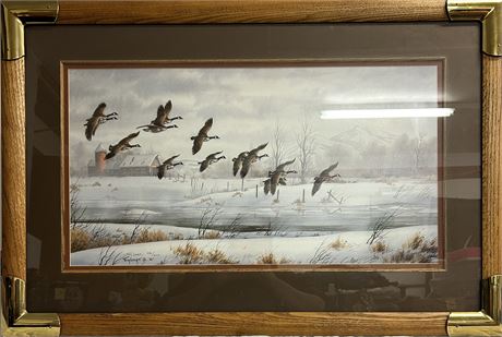 Beautiful painting of geese flying over a frozen lake BY TOM LOCATI