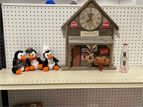 Vintage Coke Country Store w/Clock with collectible plush penguins and watch