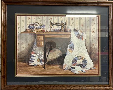 Beautiful painting of a craft room with a quilt and a singer sewing machine