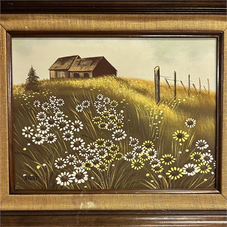 Beautiful painting of a house overlooking a meadow