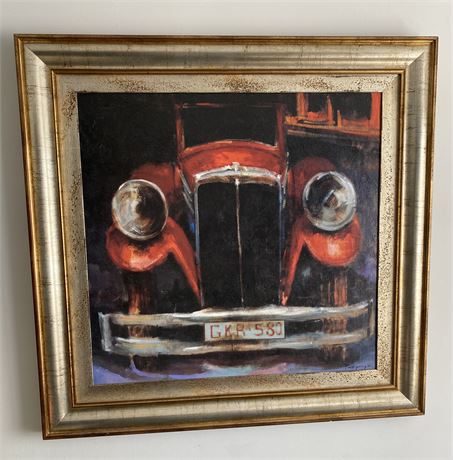 Red Antique Car Framed Lithograph by Ana Perinya. 40” H by 41” W.