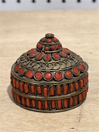 Antique Victorian 19th Century Tibetan Circular Metal Box with Red Enamel Jewels