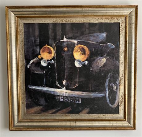 Presencia Black Antique Car Framed Lithograph by Ana Perpinya. 40" H by 41" W.