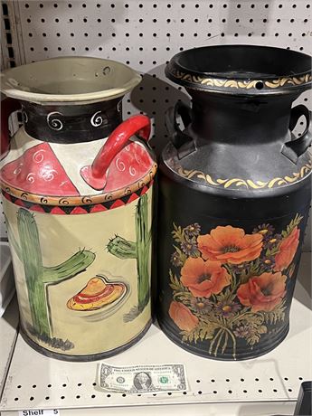 Set of Two Large Painted Decorative Milk Cans