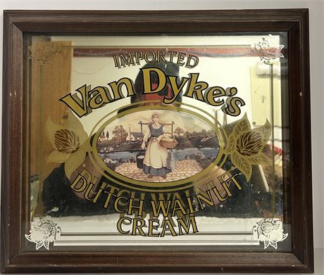 VINTAGE VAN DYKE'S DUTCH WALNUT CREAM WHISKEY MIRROR BAR SIGN,