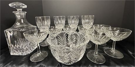 Vintage crystal decanter, 4 goblets 7 bourbon glasses and bowl