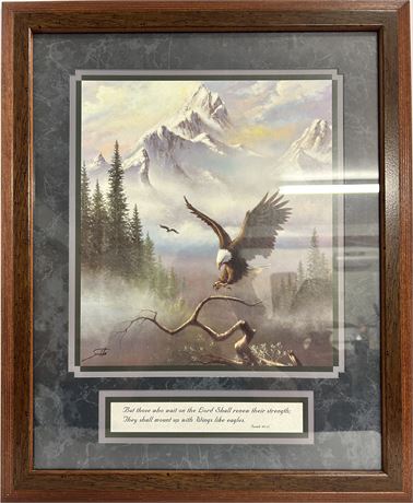 Beautiful painting of an eagle landing on a tree branch in the mountains