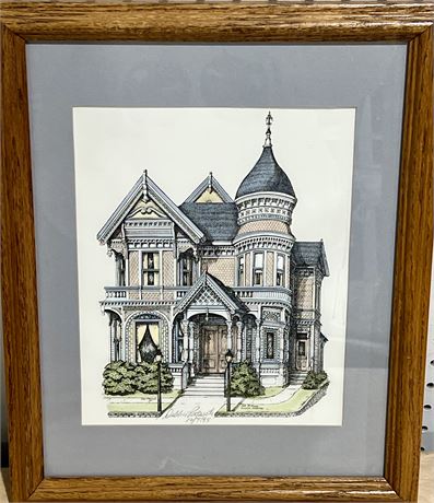 Signed and Dated Debbie Patrick Hand Colored Victorian House Lithograph