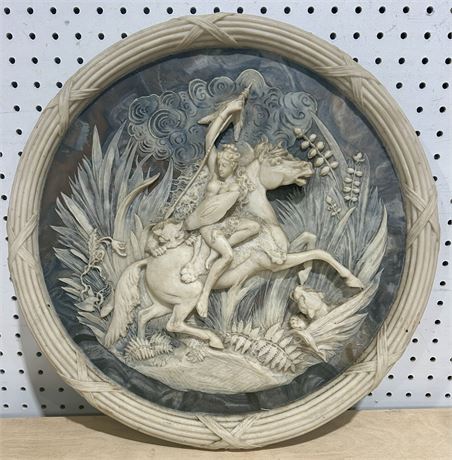 Japanese Incolay Stone “Greek Goddess Fighting Tigers” Wall Plaque