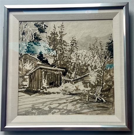 Winter Mountain Cabin Framed Painting