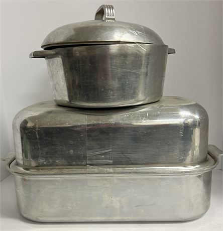 Vintage metal cooking pot and casserole dishes