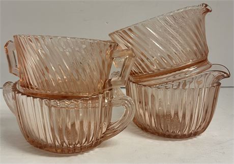 Vintage GLASS PINK RIBBED DESIGN CREAMER AND SUGAR BOWL SET