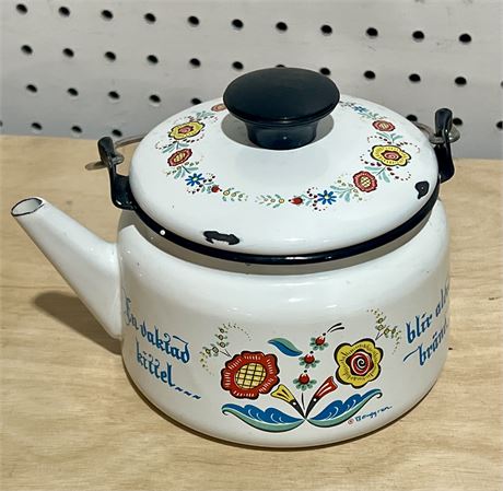 Swedish Berggren Enamelware Kettle Teapot, Folk Art Flowers Design