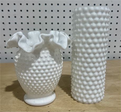 Fenton Hobnail Milk Glass Vases, 1 Ruffled and 1 Cylinder