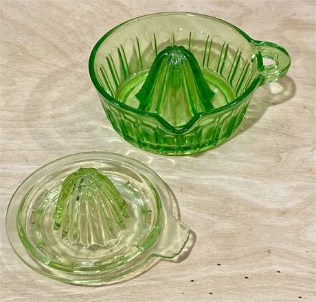 Vintage Green Uranium Glass Citrus Juicer Reemer Bowls with Spout (2)