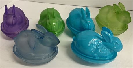 Six small glass bunny candy dishes