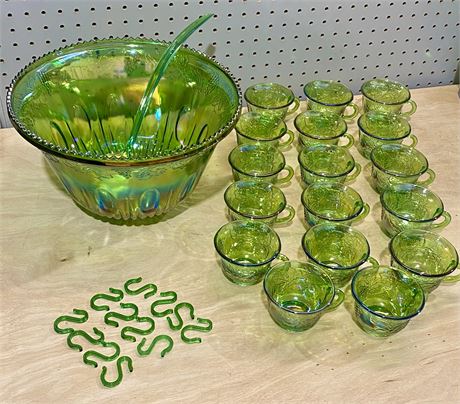 Vintage Indiana Green Carnival Glass Punch Bowl Set with 17 Cups