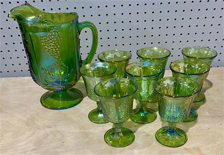 Vintage Indiana Green Carnival Glass Harvest Grape Pitcher and 8 Goblets