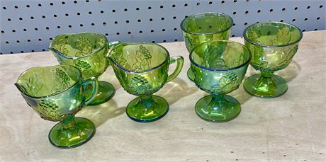 Vintage Green Indiana Carnival Glass Harvest Grape Cream and Sugar Sets (3 Sets)