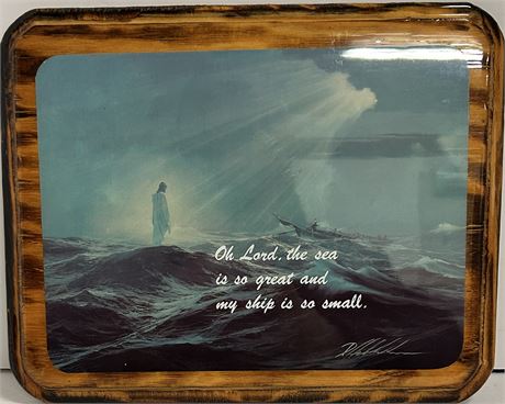 Small painting of Jesus walking on water with a quote on the painting